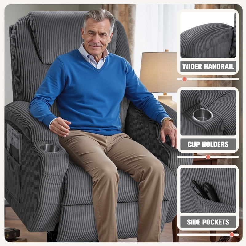 Homall Power Lift Massage Recliner Chair with Eight Vibrating Massages Ergonomic Chair with Side Pocket and Soft Corduroy for Living Room,Grey