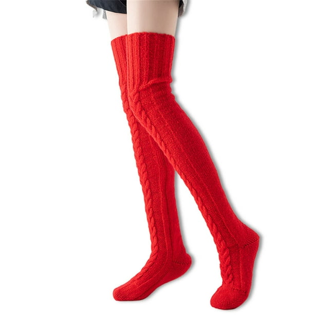 1 Paire de Bas Tricotés Couleur Unie Chaussettes Hautes Jusqu'aux Genoux Accessoires de Chaussures Mignons Automne Halloween Bas Rouges