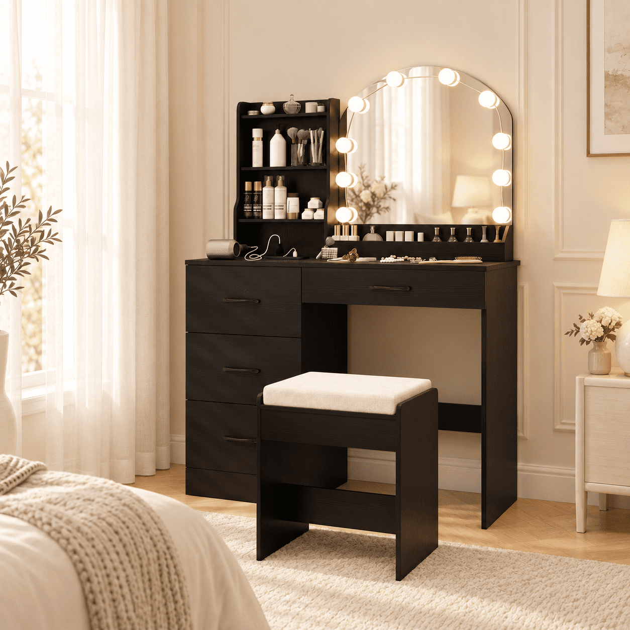 Furnibear Makeup Vanity Desk with Lighted Mirror, Dressing Table and Cushioned Stool Set with Wireless Charging Station and Drawers, Black