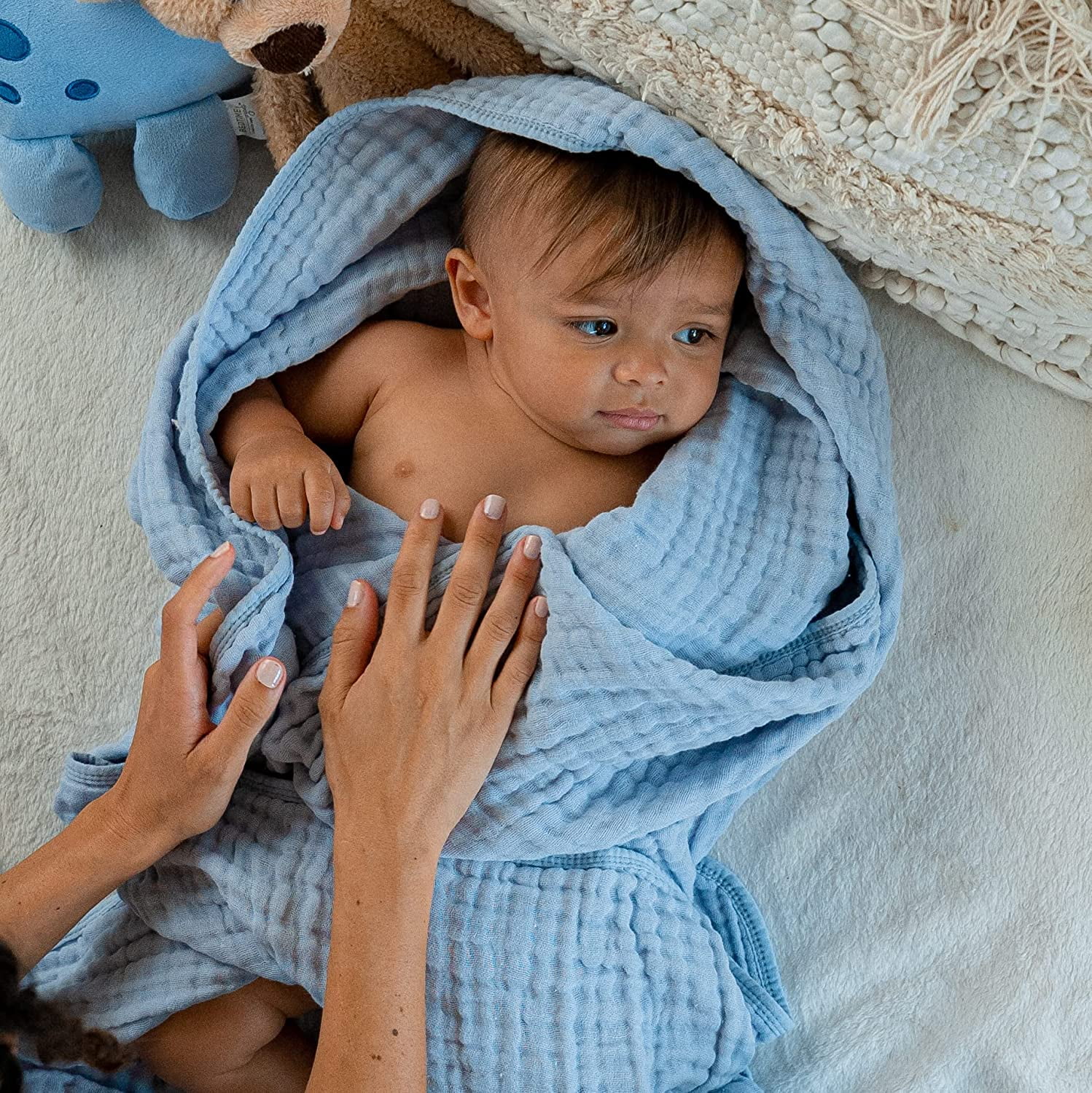 Comfy Cubs Baby Muslin Blanket, Swaddle for Newborns, Large 40” x 40”, 6-Layer (Sky Blue, Baby)