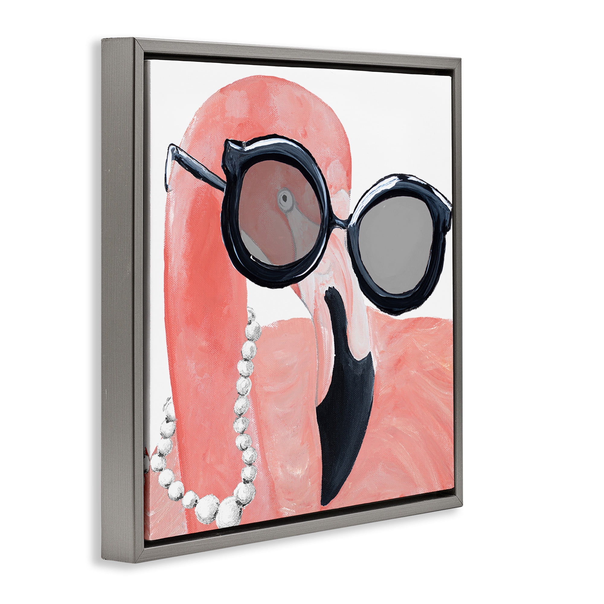 Stupell Industries Flamingo with Glam Pearls Animals & Insects Painting Gray Floater Framed Canvas Art Print Wall Art, 25 x 25