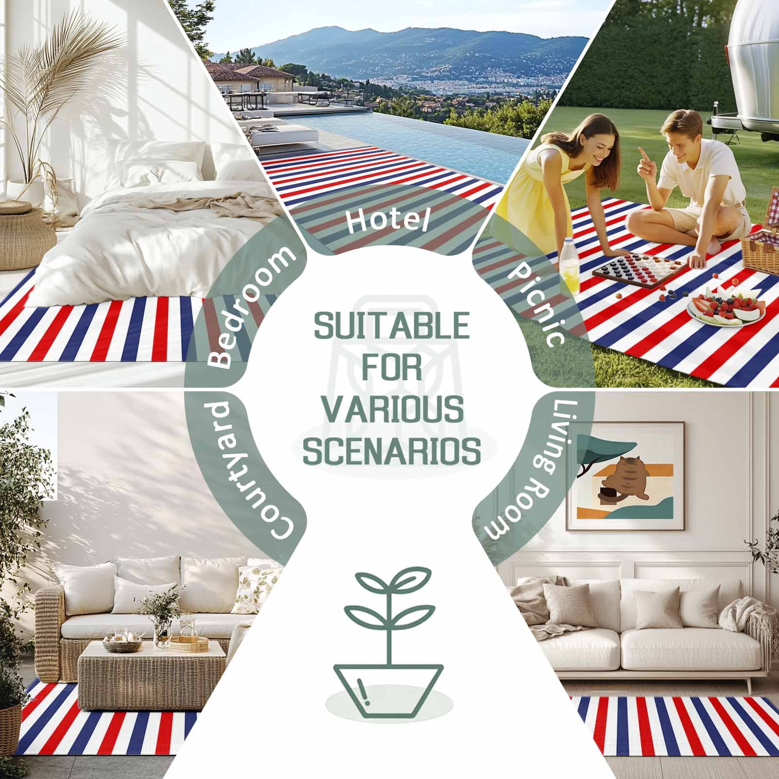 3' x 5' Outdoor Rug, Red Blue White Striped Outdoor Washable Rug Large Floor Carpet, Modern Simple Stripes Non Shedding Area Rug for Outside Patio RV Porch Deck Balcony Camping Living Room