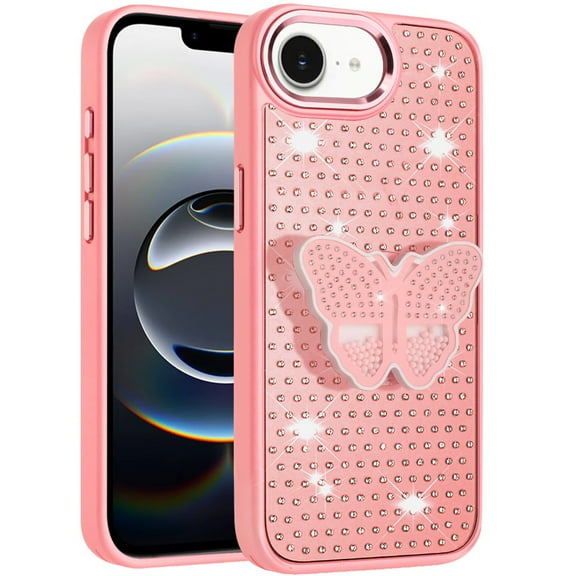 XPM for Apple iPhone 17E /16E Butterfly Moveable Grip 3D Pop Stand Full Diamond Bling Sparkling TPU Fashion Hybrid Phone Case Cover (Pink)