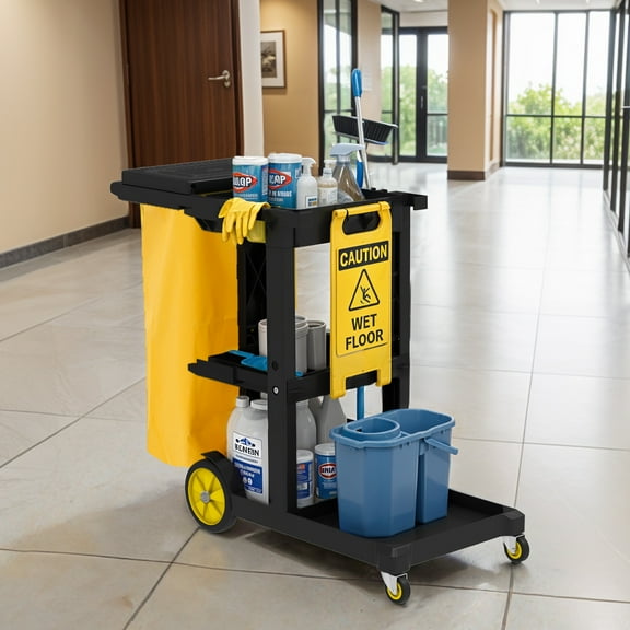 Heavy-Duty Janitorial Cart with Multi-Tier Storage, 2 Garbage Bags, Gloves & Lid