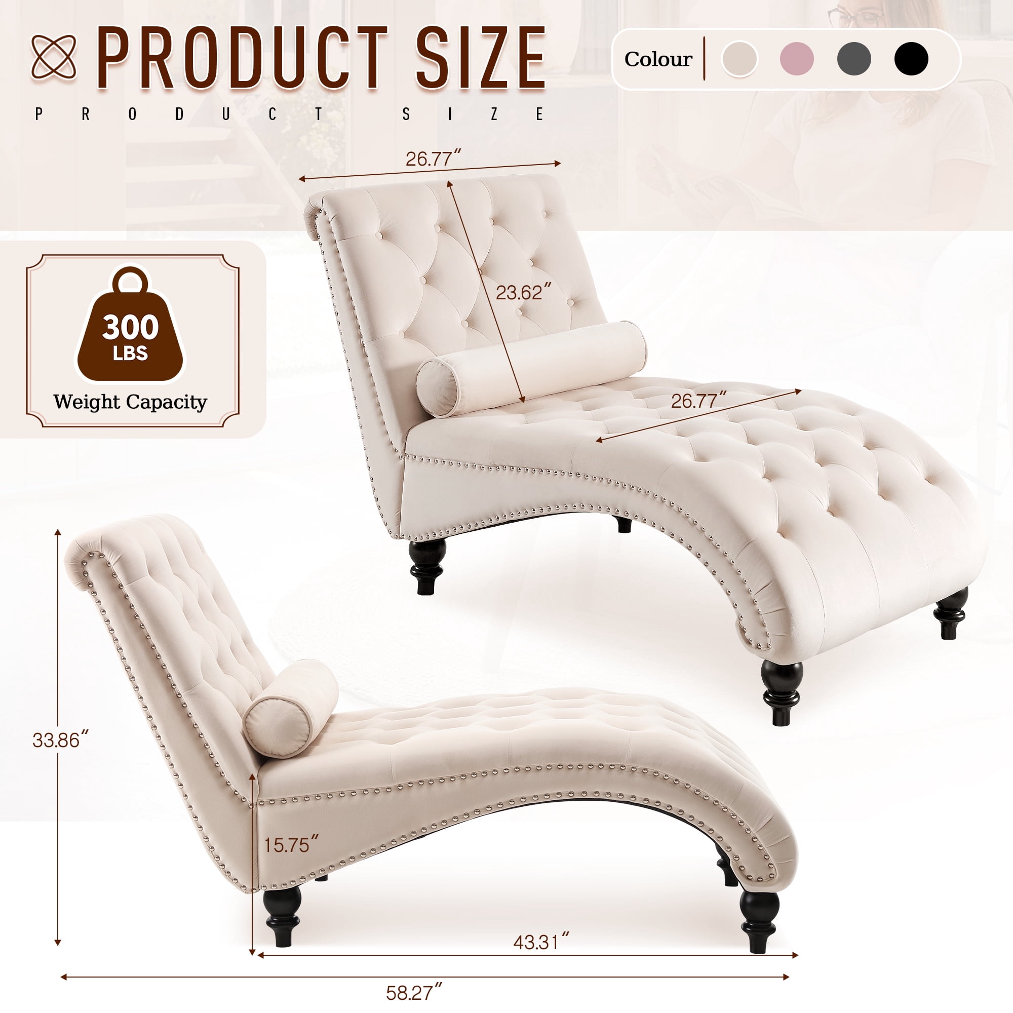Lunale Chaise Lounge Indoor, Tufted Upholstered Accent Chair for Living Room, Beige Velvet