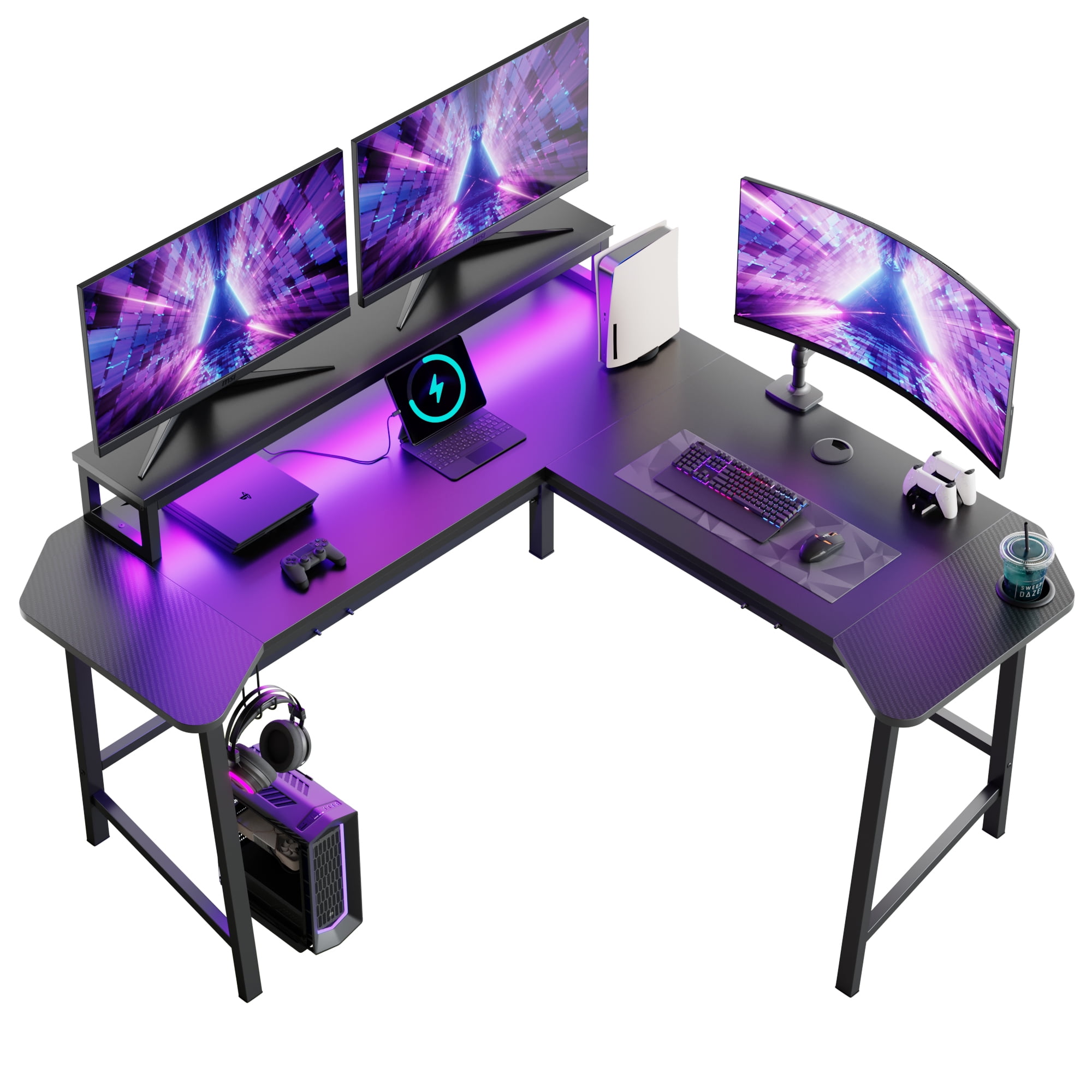 Bestier L-Shaped Gaming Desk 57 Inch Corner Computer Desk with LED Lights & Monitor Riser, Black