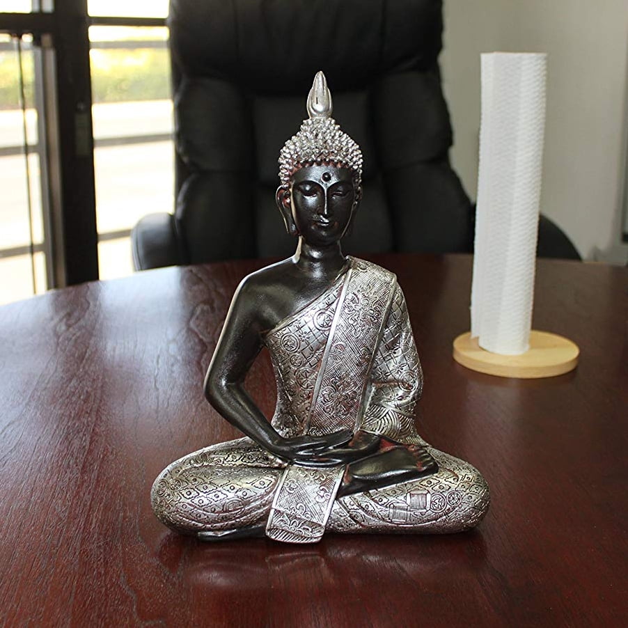 ERROR Feng Shui 11" Silver Black Thai Meditating Buddha Home Decor Statue New