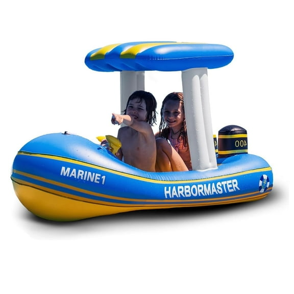 Zone Tech Harbor Master Inflatable Patrol Boat Pool Float Ride On with Fun Constant Flow Water Squirter for Kids Cool Retro Style for Beach Ocean Pool Lake Extra Thick Large Floatie