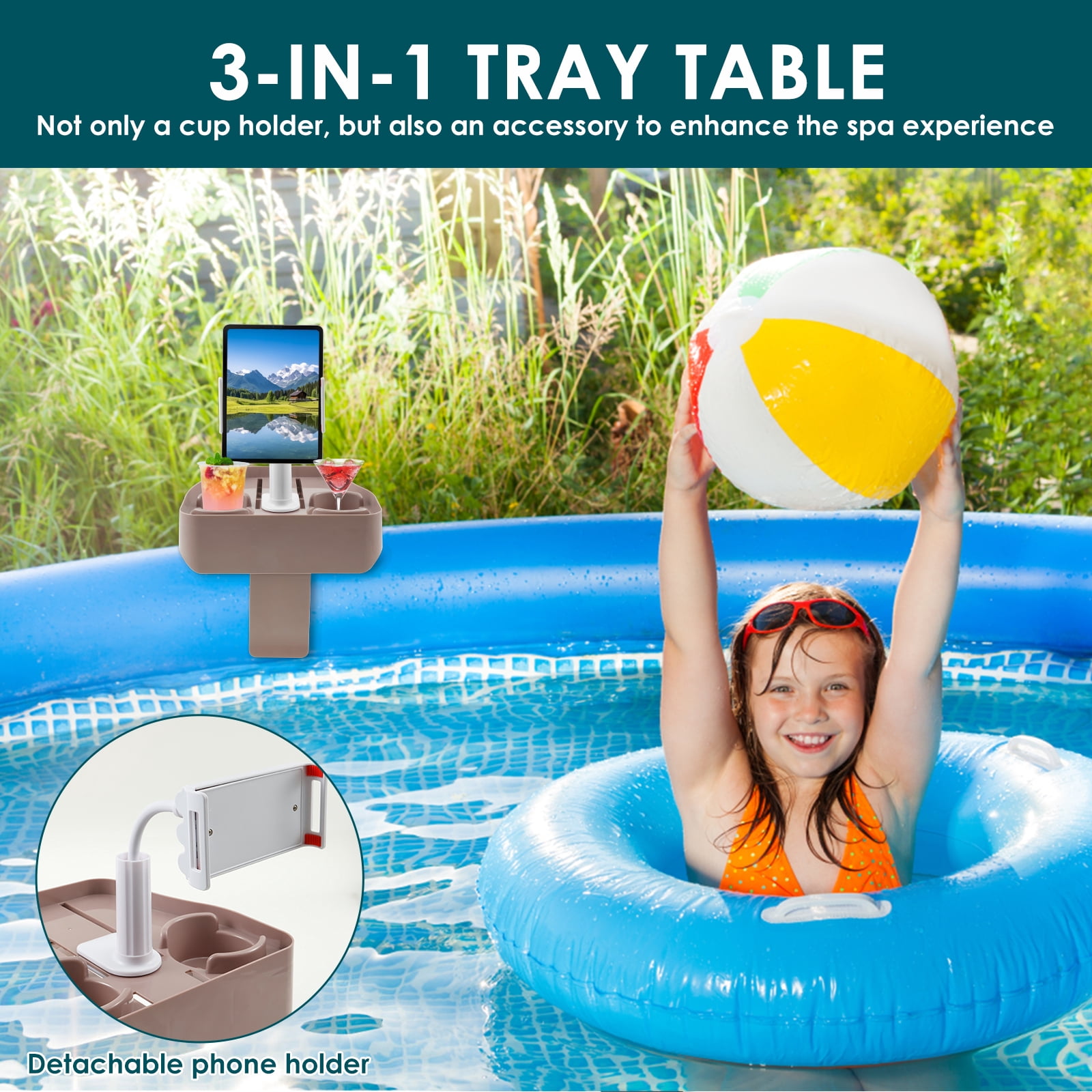 NUAHRHY Hot Tub Tray 3 In 1 Multifunctional Table with Cup Holder and Phone Holder Spas Caddy Drink Tray for Most Inflatable Hot Tub Spas Above Ground Pools