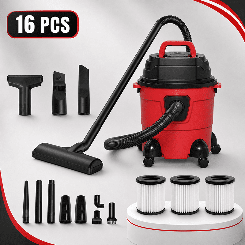 Multi Functional Wet/Dry Vacuum Cleaner with 4m Extended Power Cord, 10 Nozzles, 3 Filters and Various Cleaning Accessories, 1.6HP Powerful Suction, Lightweight Portable Bucket Design, Ideal for Cars