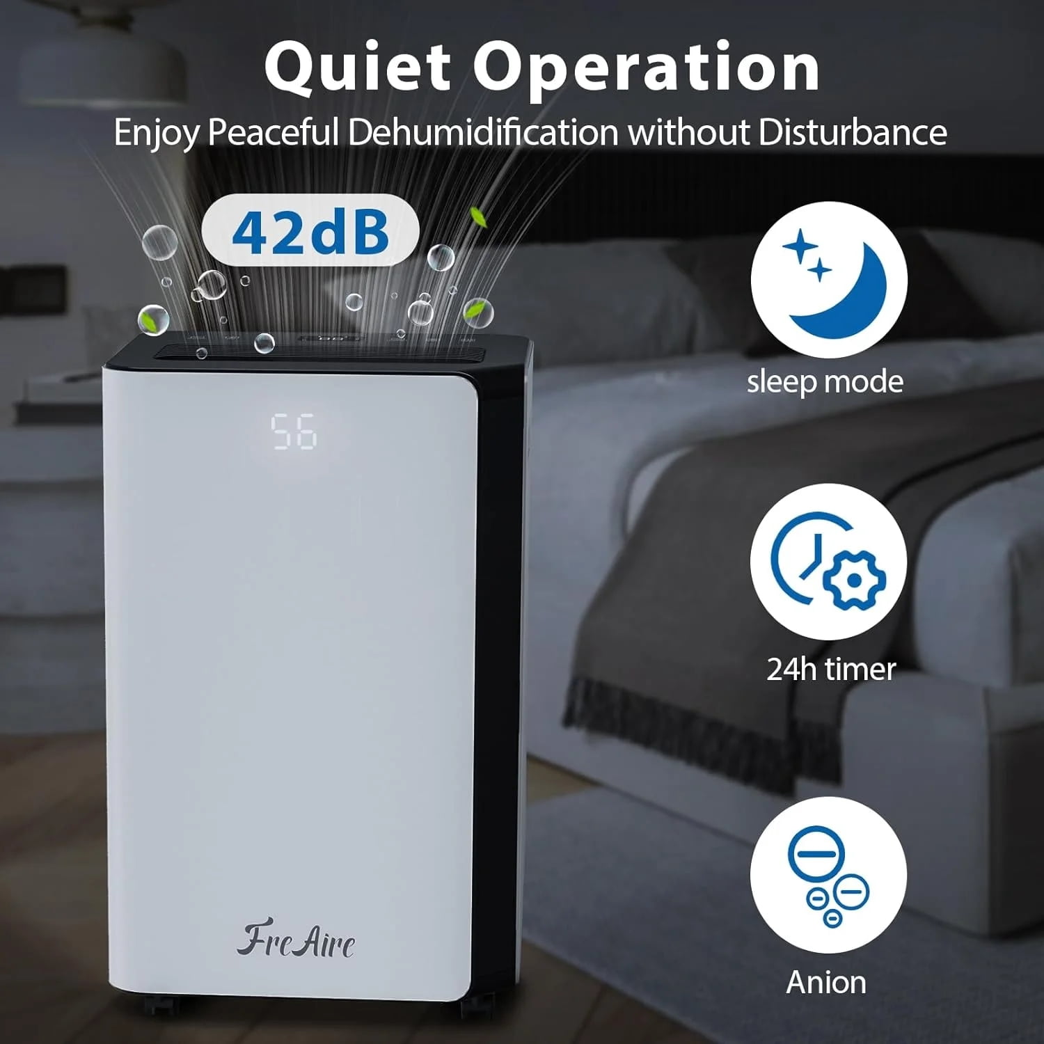 FreAire 50 pt 4500 sq ft Dehumidifier in White - Auto Manual Drain, 3 Operation Modes, 24 Hour Timer