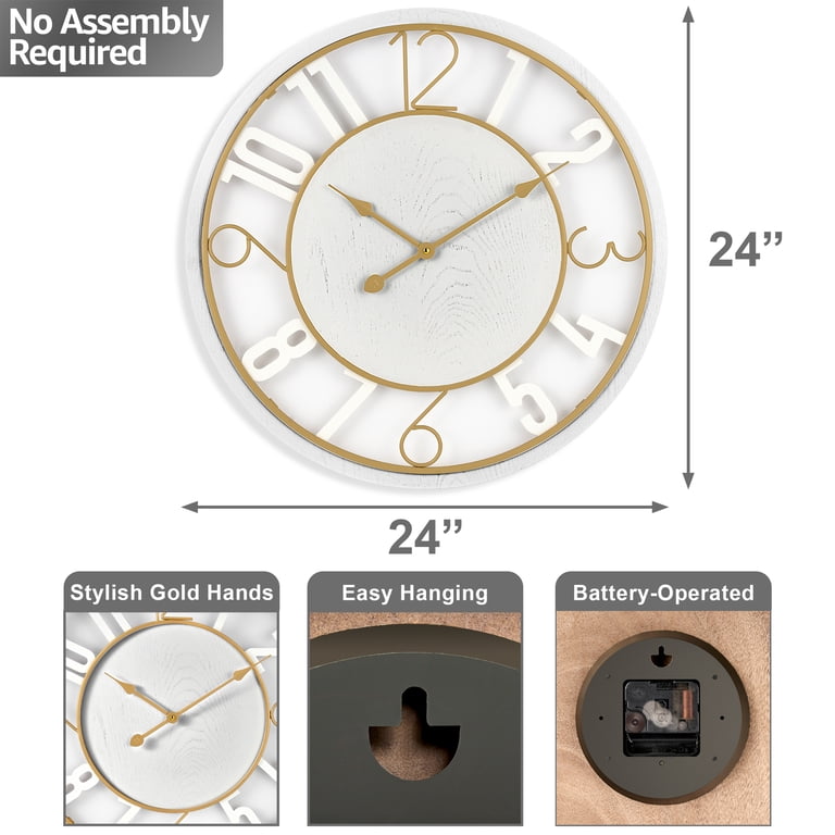Sorbus Large Wall Clock - Minimalist White Wood with Gold Metal