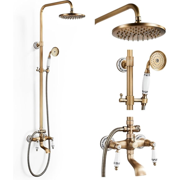 Retro Brass Shower Column with Mixer Tap, Shower System, Shower Set, Wall-Mounted Shower Kit with 20cm Shower Head, Hand Shower, Bath Tap, Adjustable Height 700-1200mm