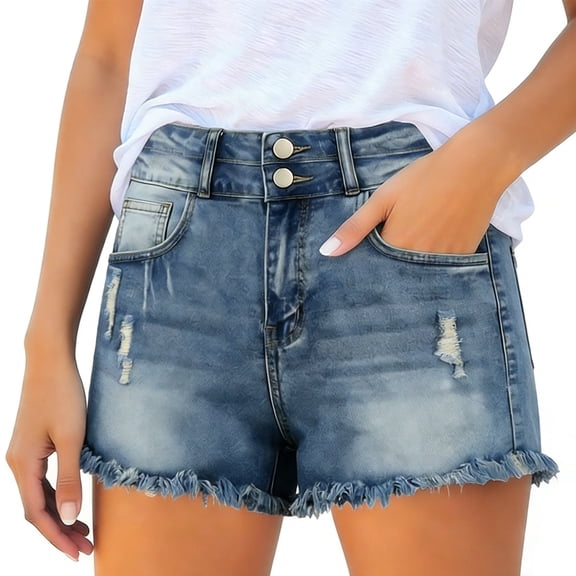 QATAINLAV Womens Jean Shorts Solid Color Casual Cut Off Denim Shorts Button Front High Waist Ripped Distressed Short Jeans Navy L