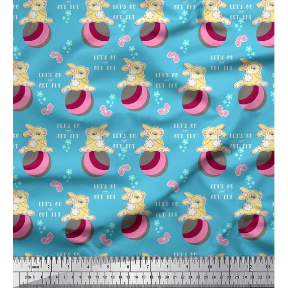 Soimoi Poly Georgette Fabric Text,Ball & Bunny Kids Printed Craft Fabric by the Yard 42 Inch Wide