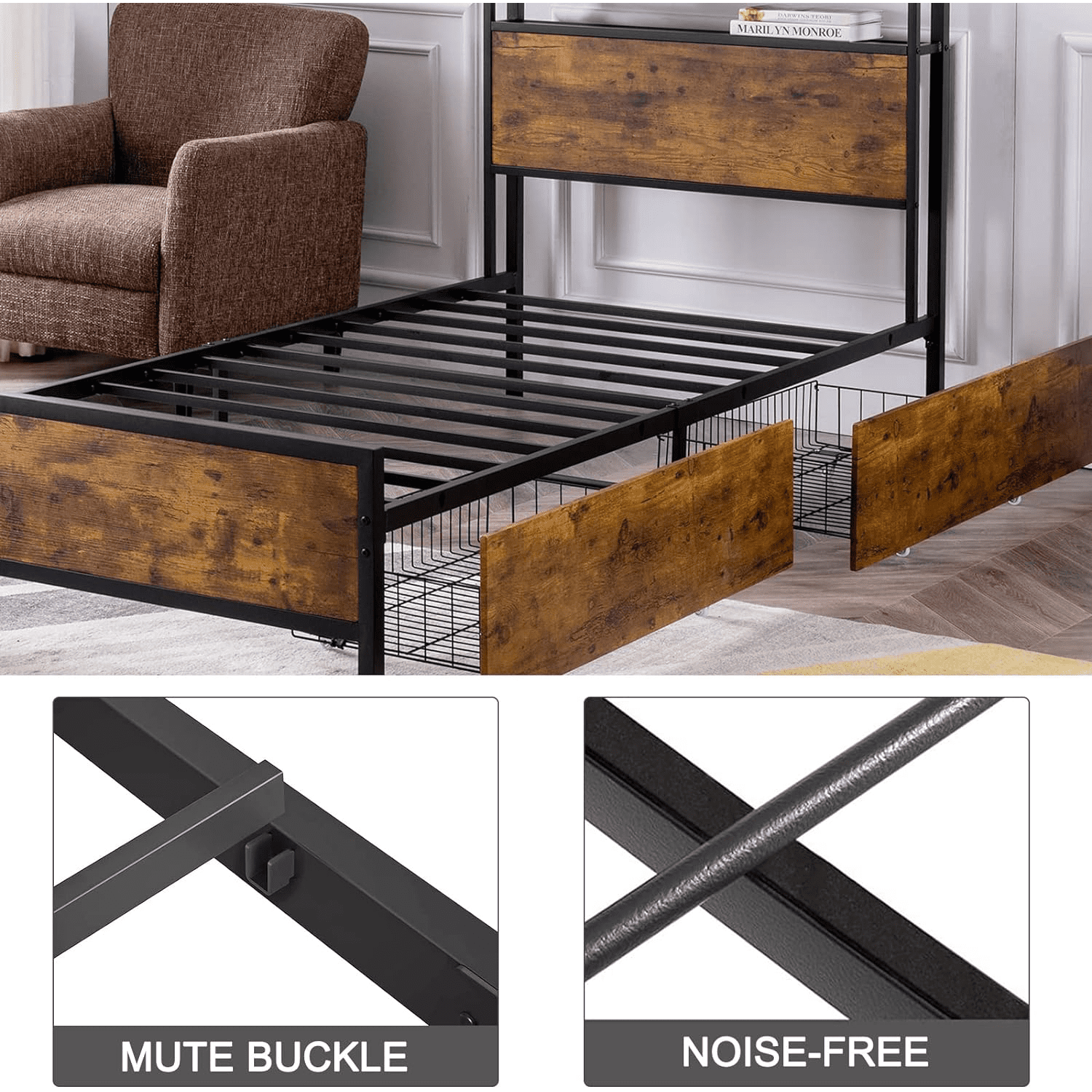 Reliancer Twin-XL Bed Frame with 2 XL Storage Drawers, Platform Bed Frame with 2-Tier Headboard, Strong Metal Slat Support/No Box Spring Required/Easy Assembly, for Teenagers Adults