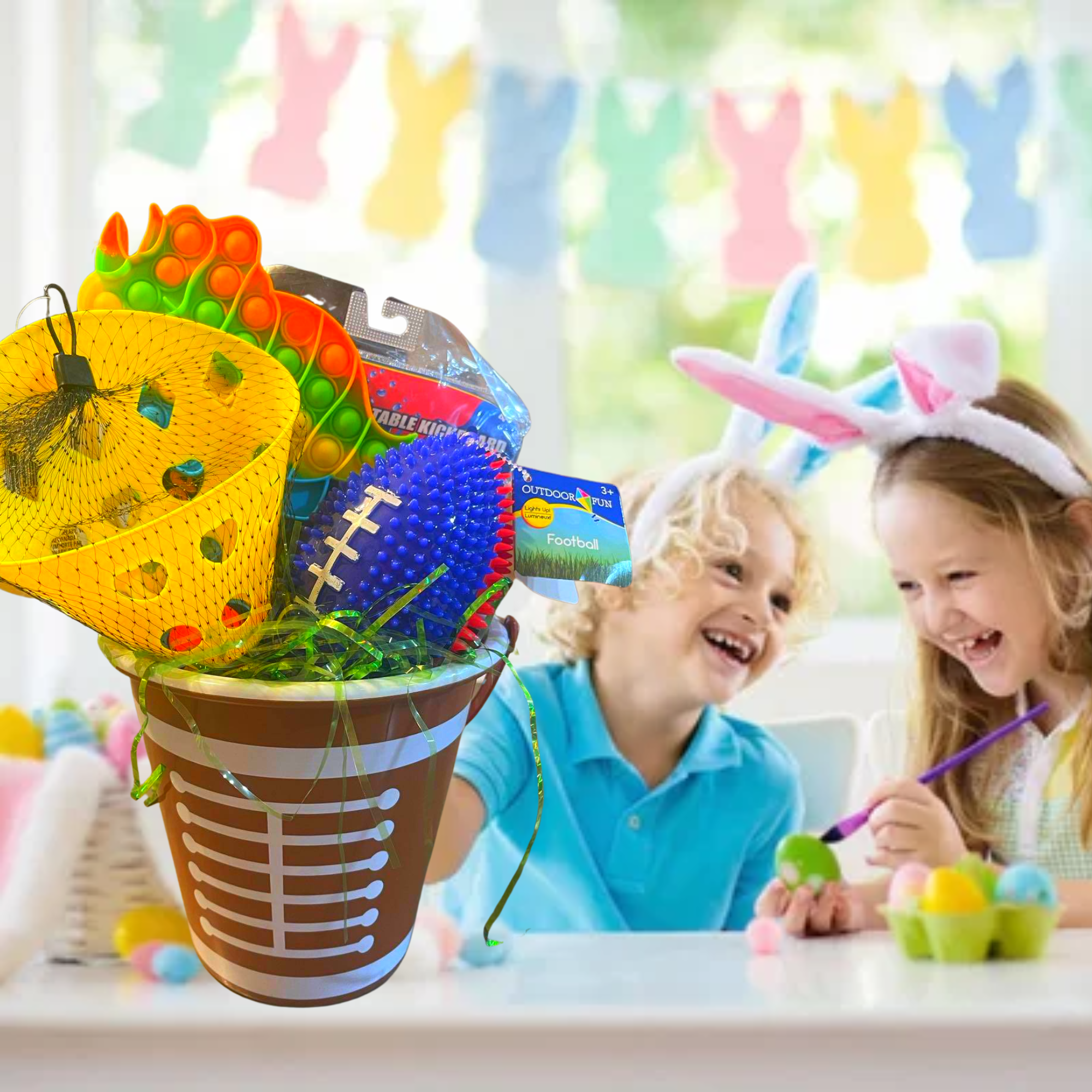 Easter Gift Basket with Inflatable Kickboard, Launch and Catch Ball Toys Two-Tone Football Easter Candies & Reusable Bucket for Boys Holiday Summer Outdoor Fun Gifts (Contents Vary)
