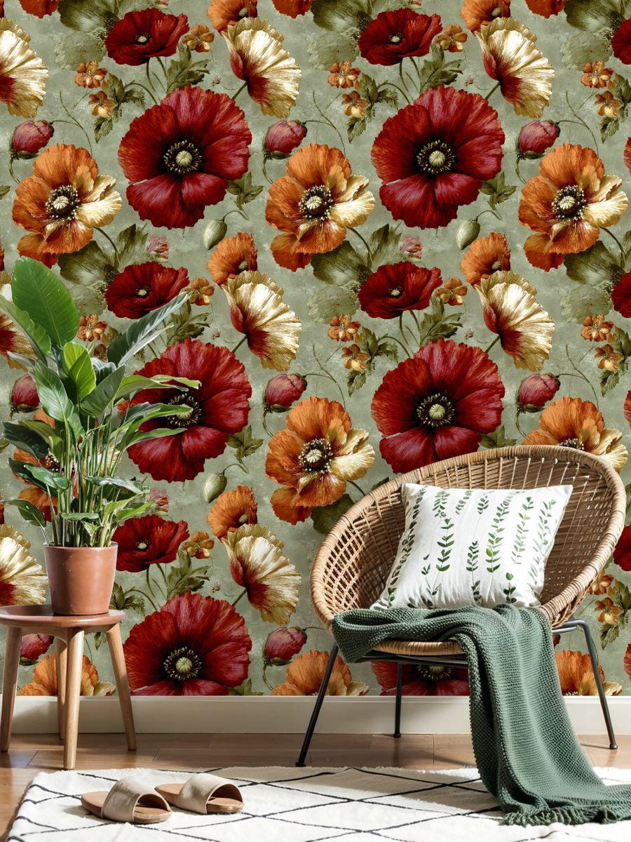 Vintage Peel and Stick Wallpaper Vintage Botanical Print Red Orange Cream Poppies Bloom Wall Mural 17.7in x 9.8ft Self Adhesive Removable Wall Paper Floral Contact Paper for Nursery Bedroom Cabinets