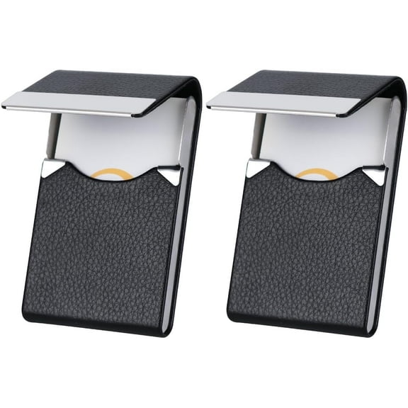 2 Pack Business Card Holder, PU Leather Business Card Case, Metal Slim Card Holder Display, Pocket Business Card Box with Magnetic Closure, for Men and Women(Black)