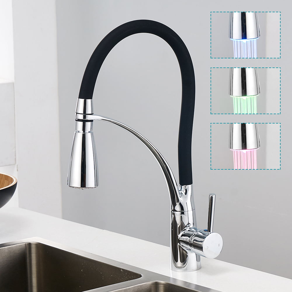 Pull Out Kitchen Sink Faucet with Pull Down Sprayer Chrome Solid Brass Bar Single Handle Lever Swivel Spout Hot&Cold Water Mixer Taps Black