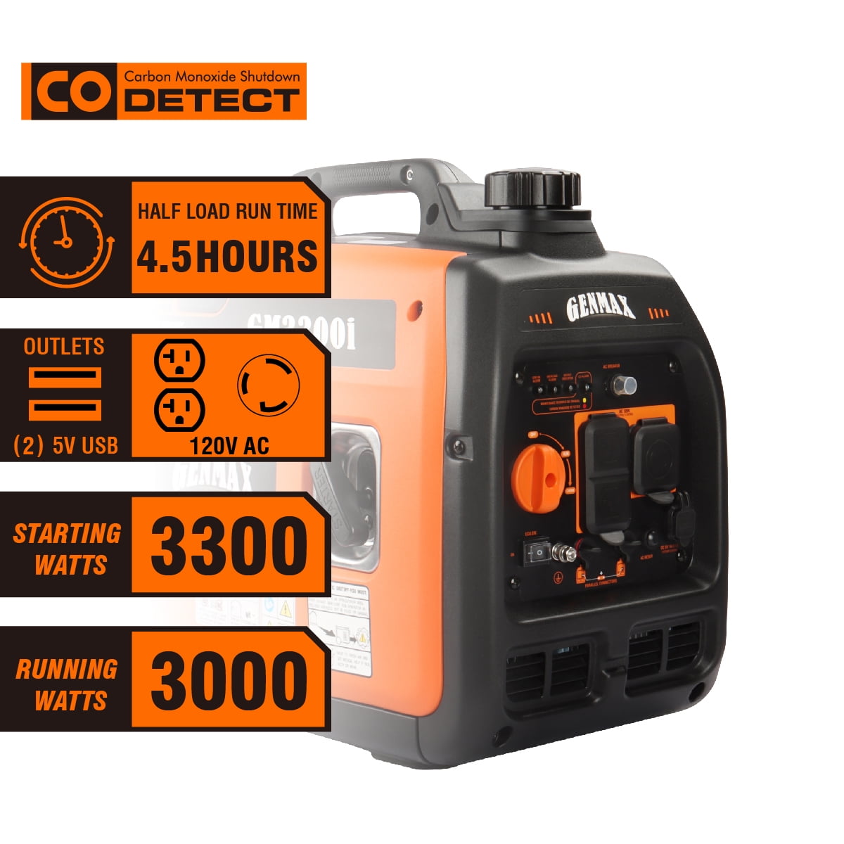 Genmax 3000W Inverter Generator, CO Detect Shutdown