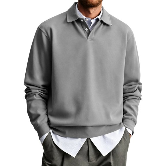 EANJE Polo Shirts for Men Long Sleeve Button Down Golf Shirt Fashion Casual Solid Color Collared T Shirts Tops Gray M