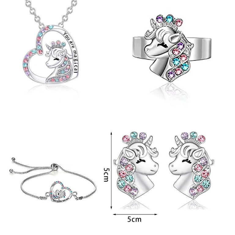 Yaomiao Girls Jewelry Set Unicorn Necklace Bracelet Set with Earrings and Ring Girls Jewelry Set for Little Girl with Present Box Valentines