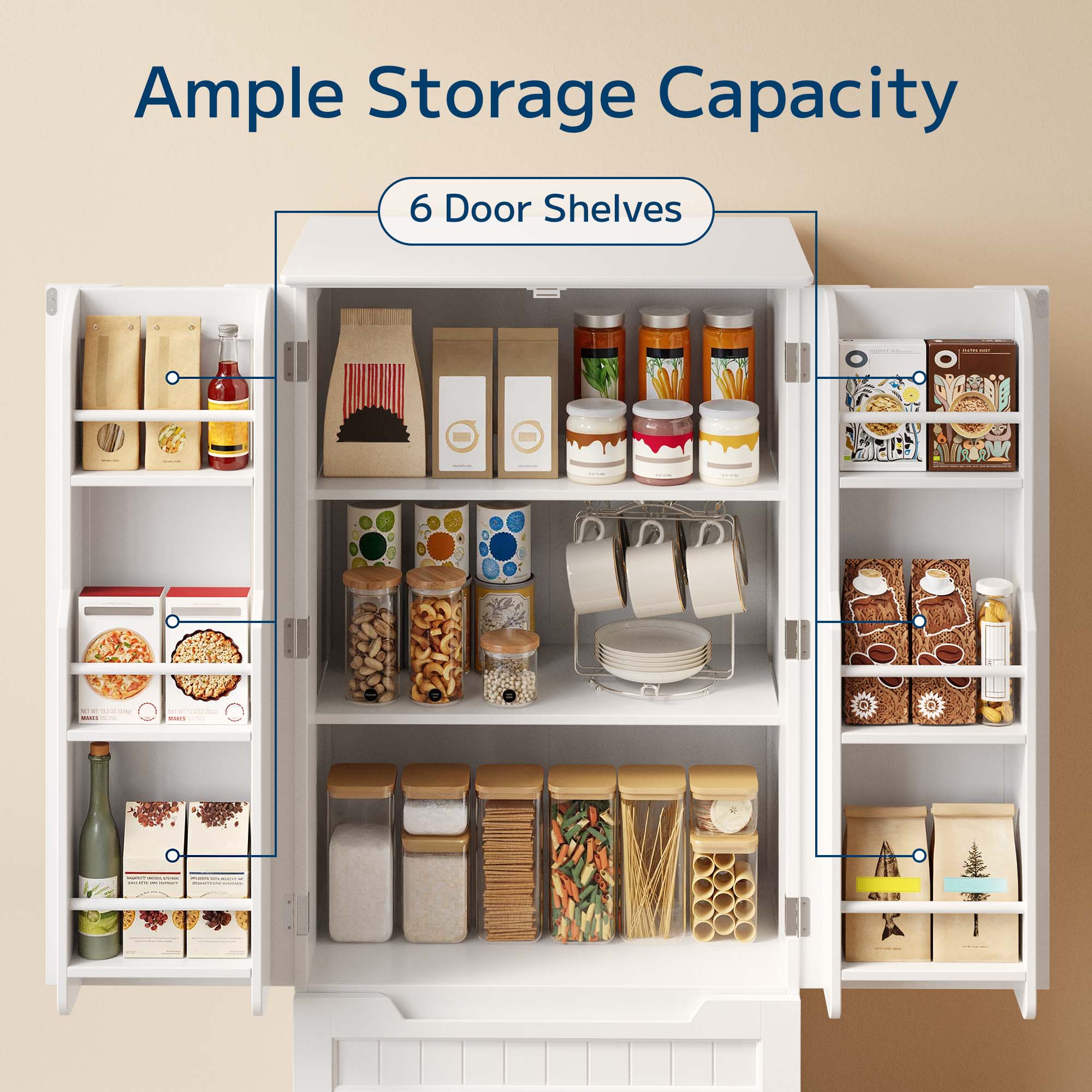 Pantry Storage Cabinet with 2 Drawers，Asofer 47" Kitchen Small Food Pantry Cabinet for Dining Room, White