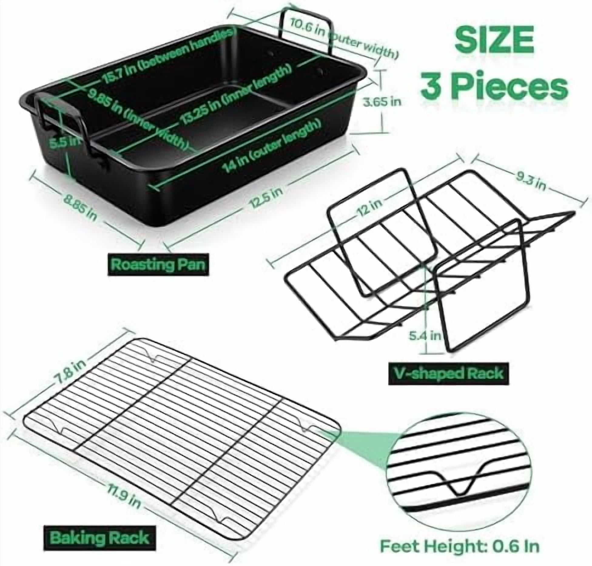 14" Roaster Roasting Pan with Baking Rack and V-shaped Rack, Stainless Steel Rectangular Lasagna Pan with Handles for Turkey Chicken, Healthy & Dishwasher Safe, 3 Pieces, Black