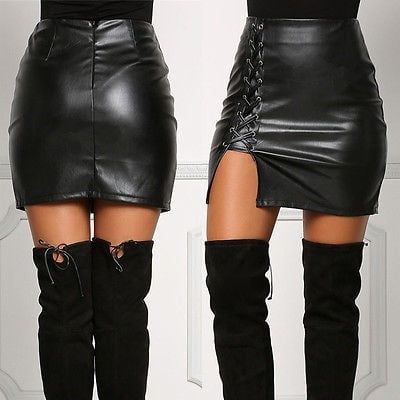 Fashion Women Sexy High Waist Leather Mini Skirt Package Hip Tight Stretch  Skirt