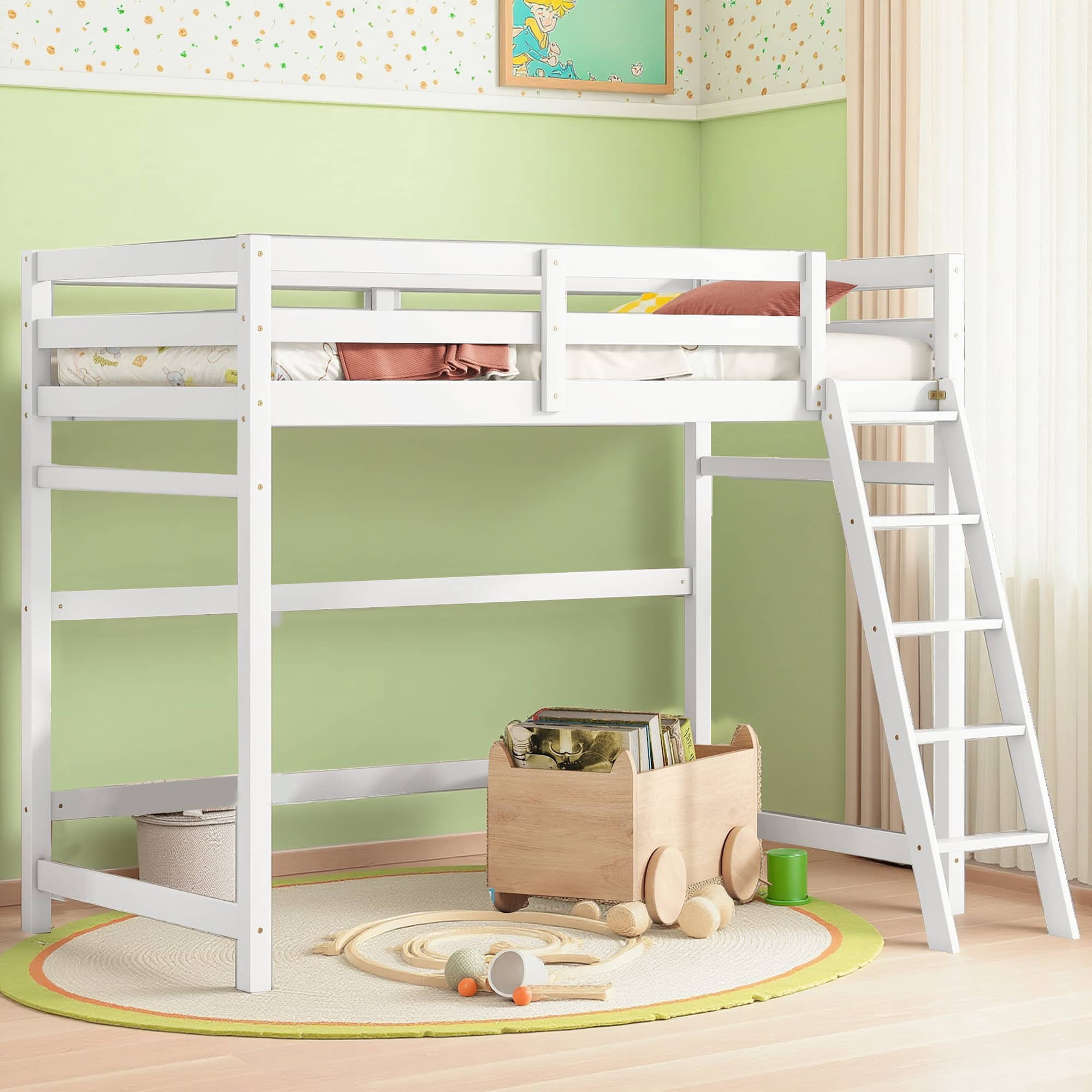 MAYEERTY Twin Size Loft Bed with Inclined Ladder, Guardrails, White