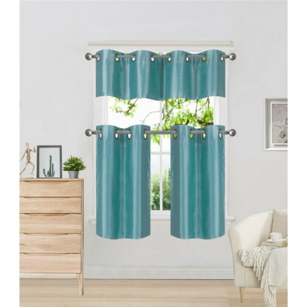 K7 Teal 3Piece Solid Faux Silk Blackout Grommet Kitchen Window Curtain