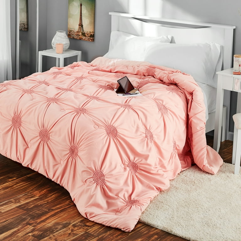 Mainstays Solid Elastic Circle Ruched Microfiber Comforter Blush Full Queen