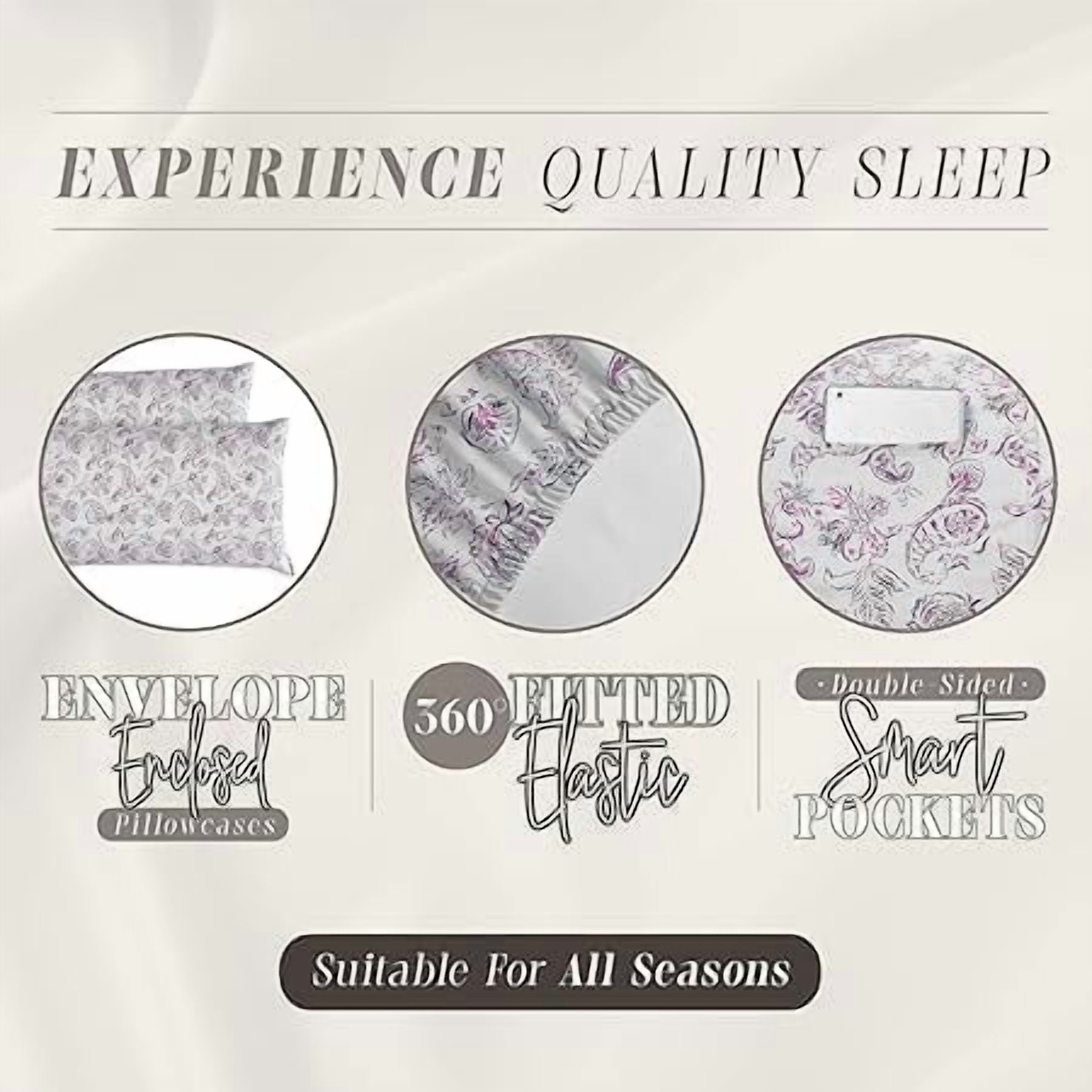 Elegant Comfort Amelia Paisley Printed 6-Piece Sheet Set, Deep Pocket, Fade and Wrinkle Resistant, Fitted sheets with Smart Pockets, TwinXL, Purple