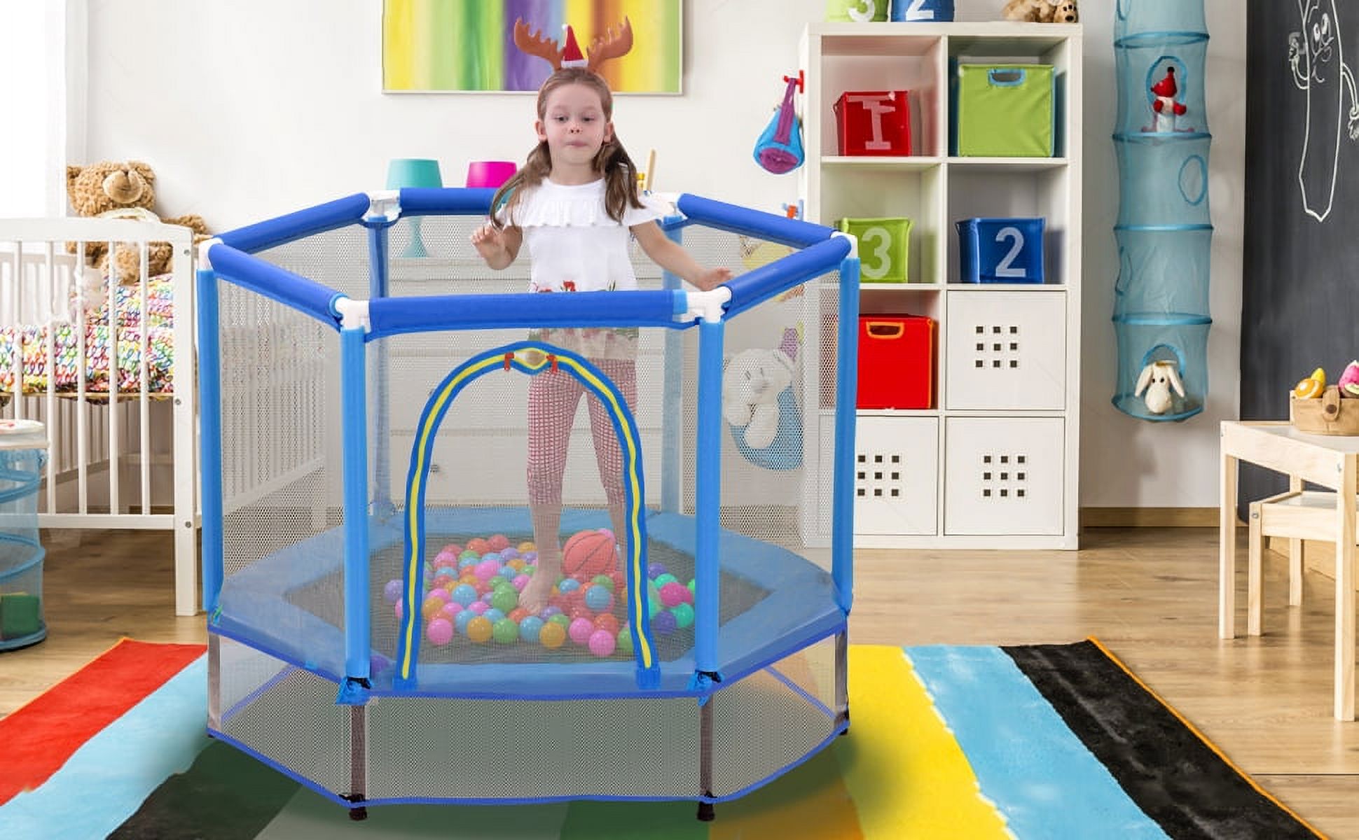 55 Inch Toddler Trampoline with Safety Enclosure & Ocean Balls, Indoor Outdoor Mini Trampoline for Kids