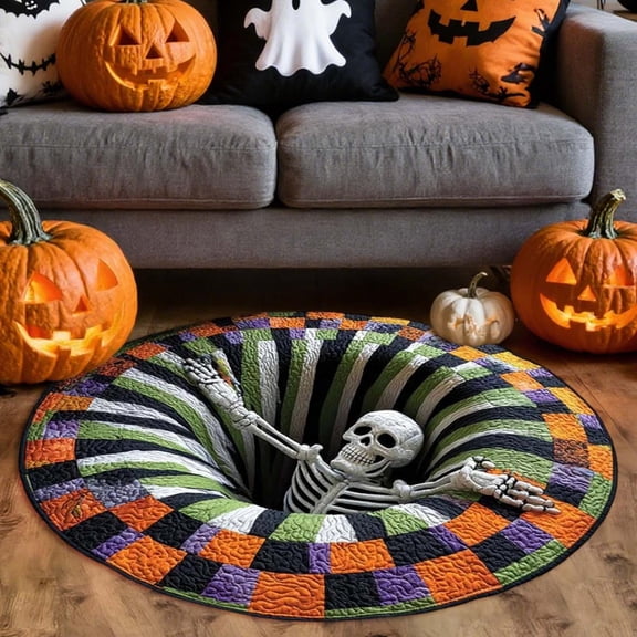 Halloween Round Rug, 32 x 32 Inch 3D Optical Illusion Skeleton and Pumpkin Floor Mat, Soft Polyester Non- Decorative Area Rug for Bedroom, Living Room and Party Decor