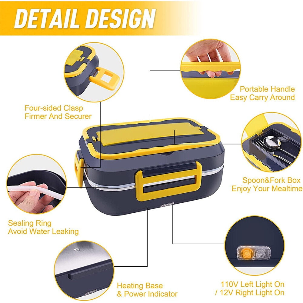 40W Electric Lunch Box, Heated Lunch Box for Adults Food Warmer Lunch Box Without Water Injection 1.5L Removable 304 Stainless Steel Container with Fork & Spoon for Office Car
