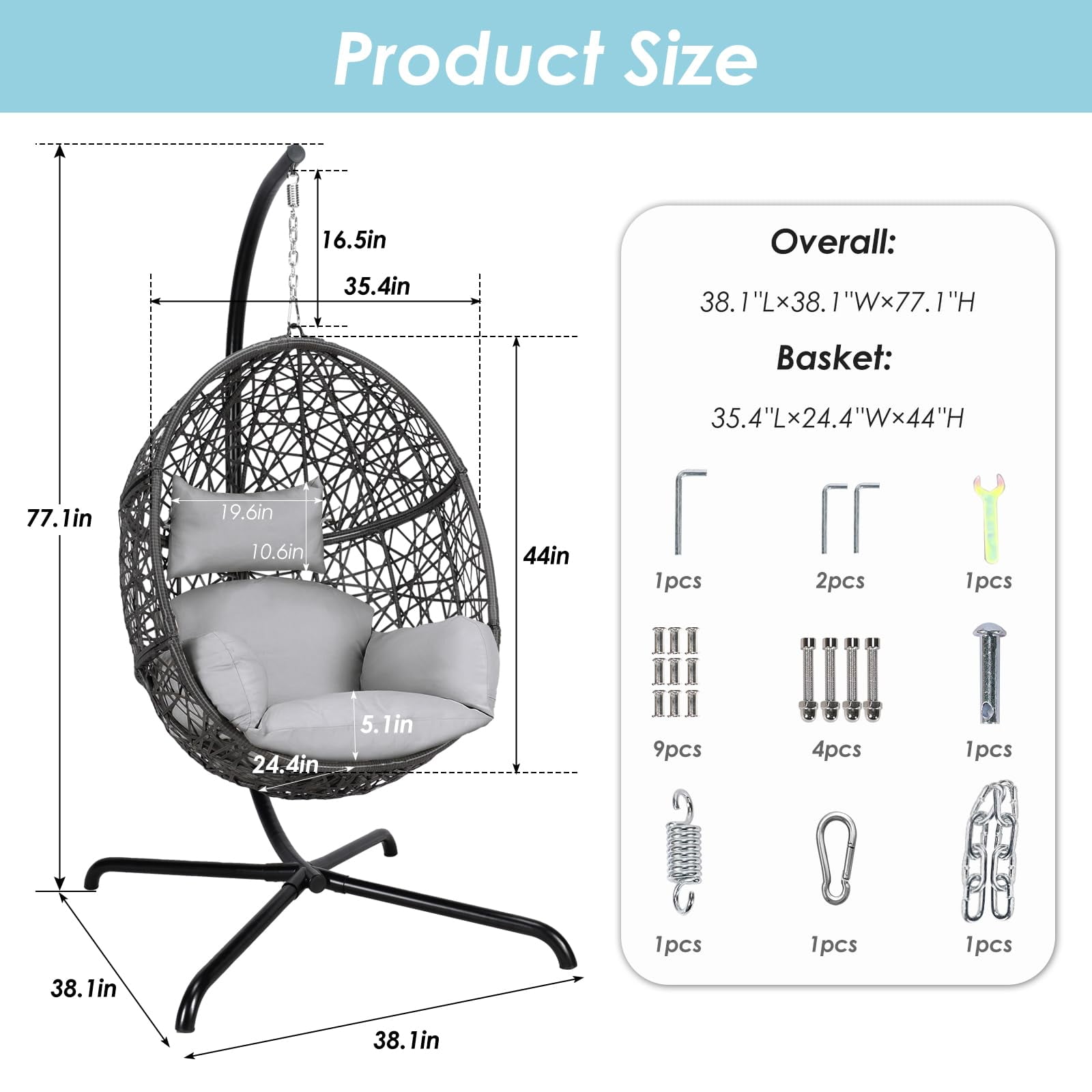 NICESOUL Indoor Outdoor Hanging Rattan Swing Egg Chair with Stand Light Gray Wicker Nest Basket Walmart