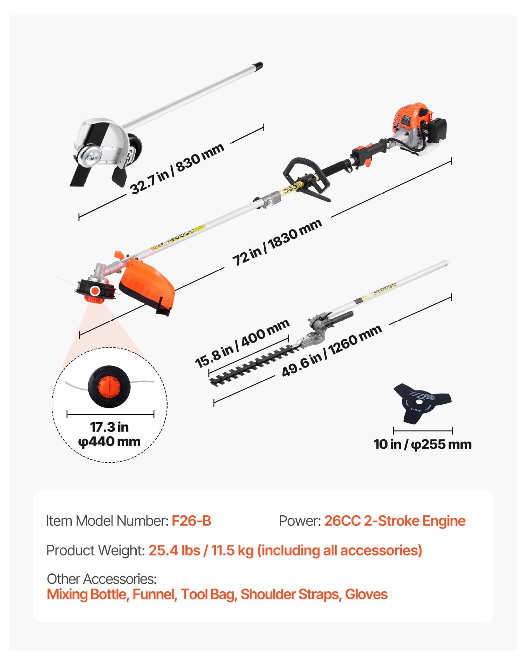 Gas Hedge Trimmer 26cc 4-in-1 Multi-Tool - String Trimmer, Edger, Brush Cutter Set with Safety Gear