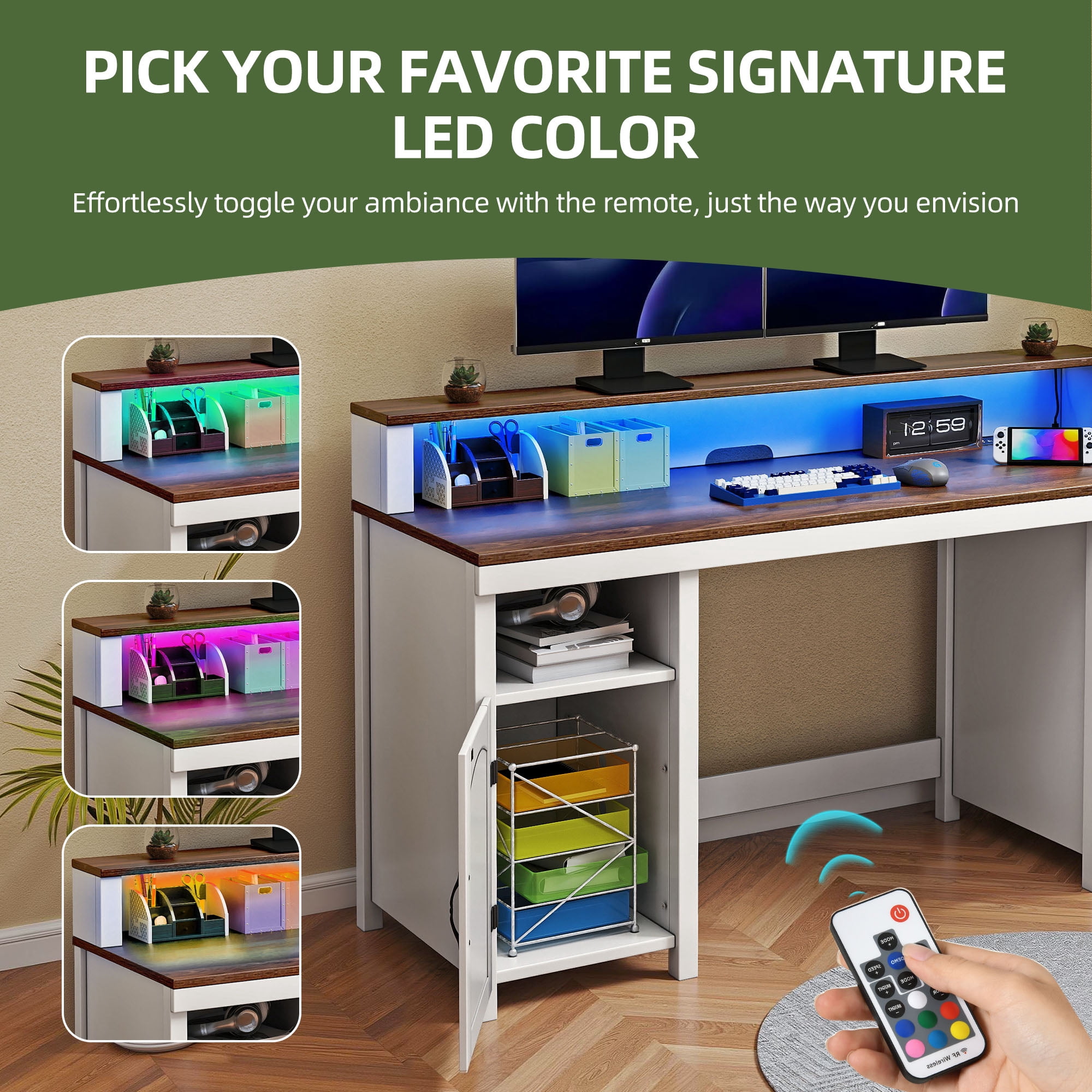 Uforic Office Computer Desk with LED Lights & Storage Shelves, Gaming Desk with Drawer & Door, White