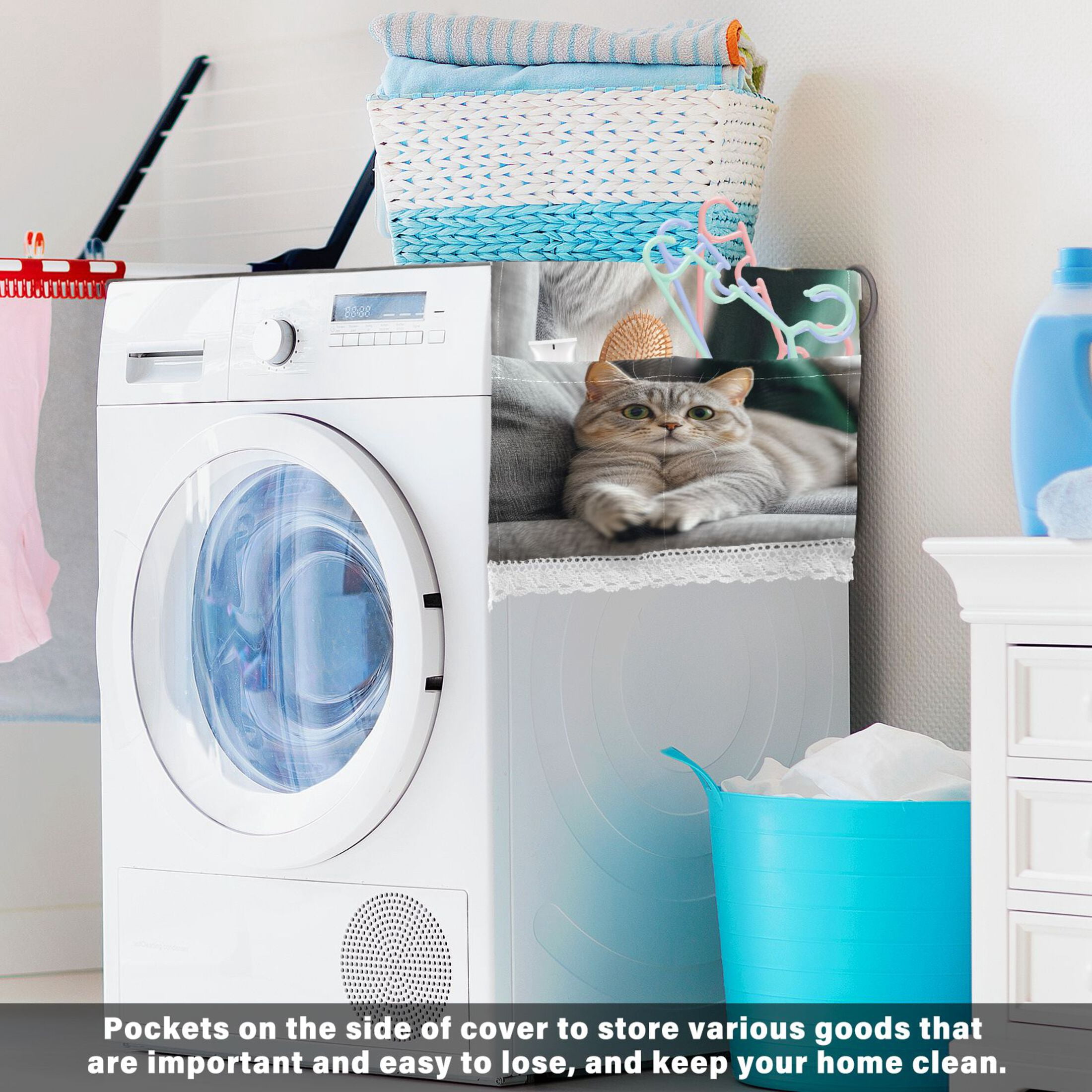 Cute English Shorthair CatWasher and Dryer Covers Dust-Proof and Oil Resistant Fridge Cover with 4 Storage Pockets Washing Machine Top Cover for Laundry Kitchen Home 51.2 x 22 In