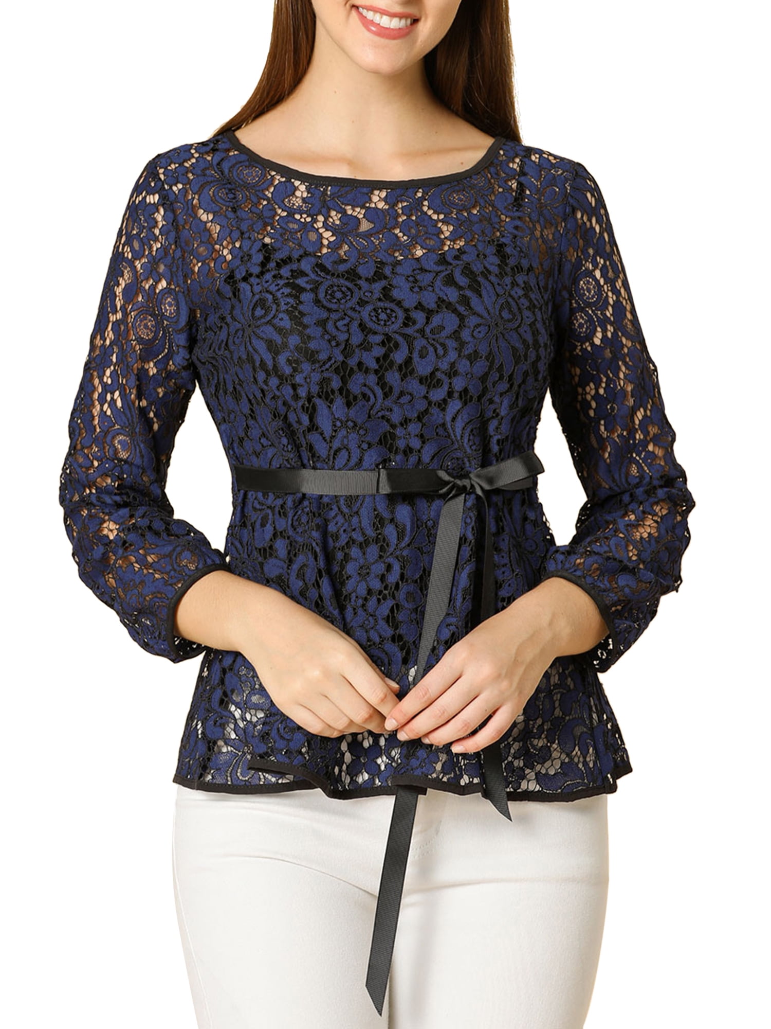DARING DIVA Self-Tie Waist Semi Sheer Peplum Top L Dark Blue