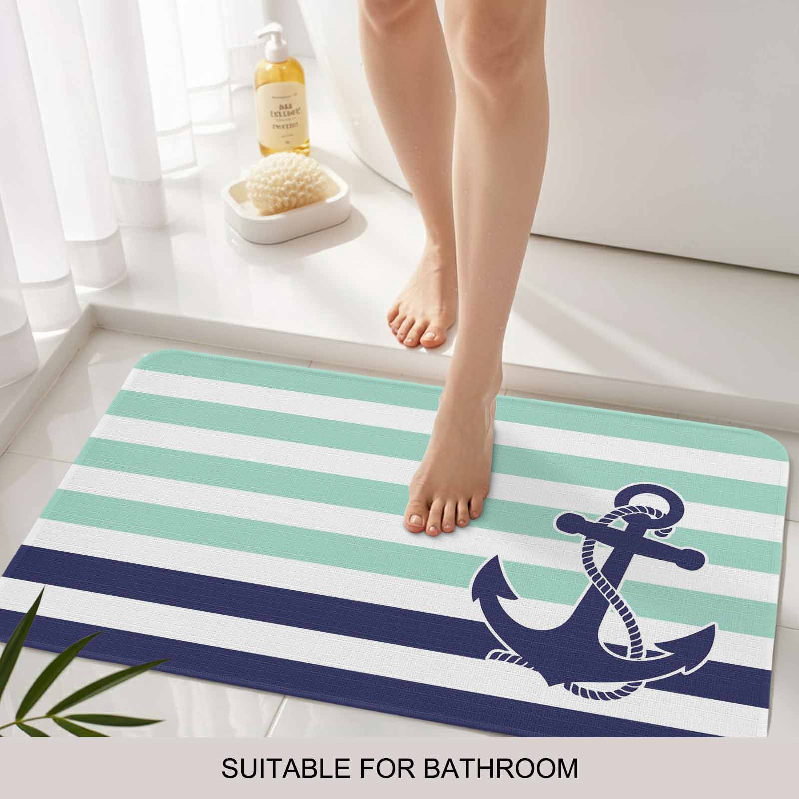 Anchor Aqua Doormat Outdoor Entrance 16"x24", Modern Navy Blue White Striped Nautical Absorb Moisture Dirt Door Mats, Non-Slip Rubber Backing Floor Mats Indoor, Low-Profile Front Door Rugs