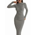 thumbnail image 2 of Women'S Fall Long Sleeve Bodycon Maxi Dresses Ruched Crew Neck Slim Fit Cocktail Party Dress Light Gray S, 2 of 10