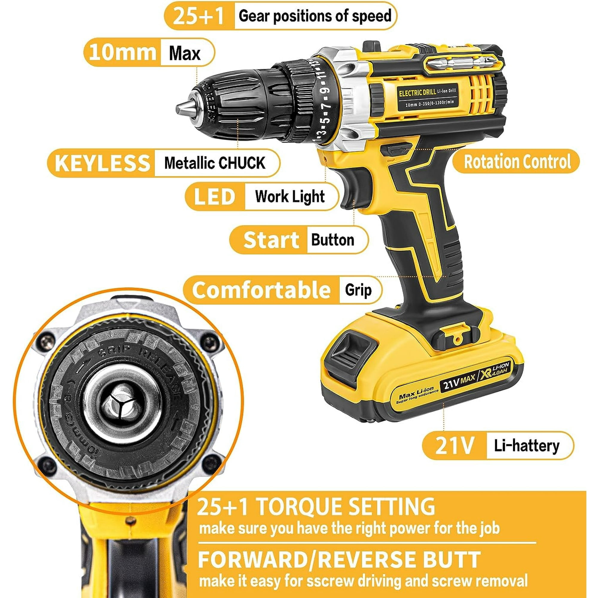 21V Tool Kit with Drill, 120PCS 21V Cordless Drill Set with 3/8" Keyless Chuck of Metal & 25+3 Clutch with Impact, 2 x 2.0Ah Battery & Fast Charger, Max Torque 45Nm, 2-Variable Speed