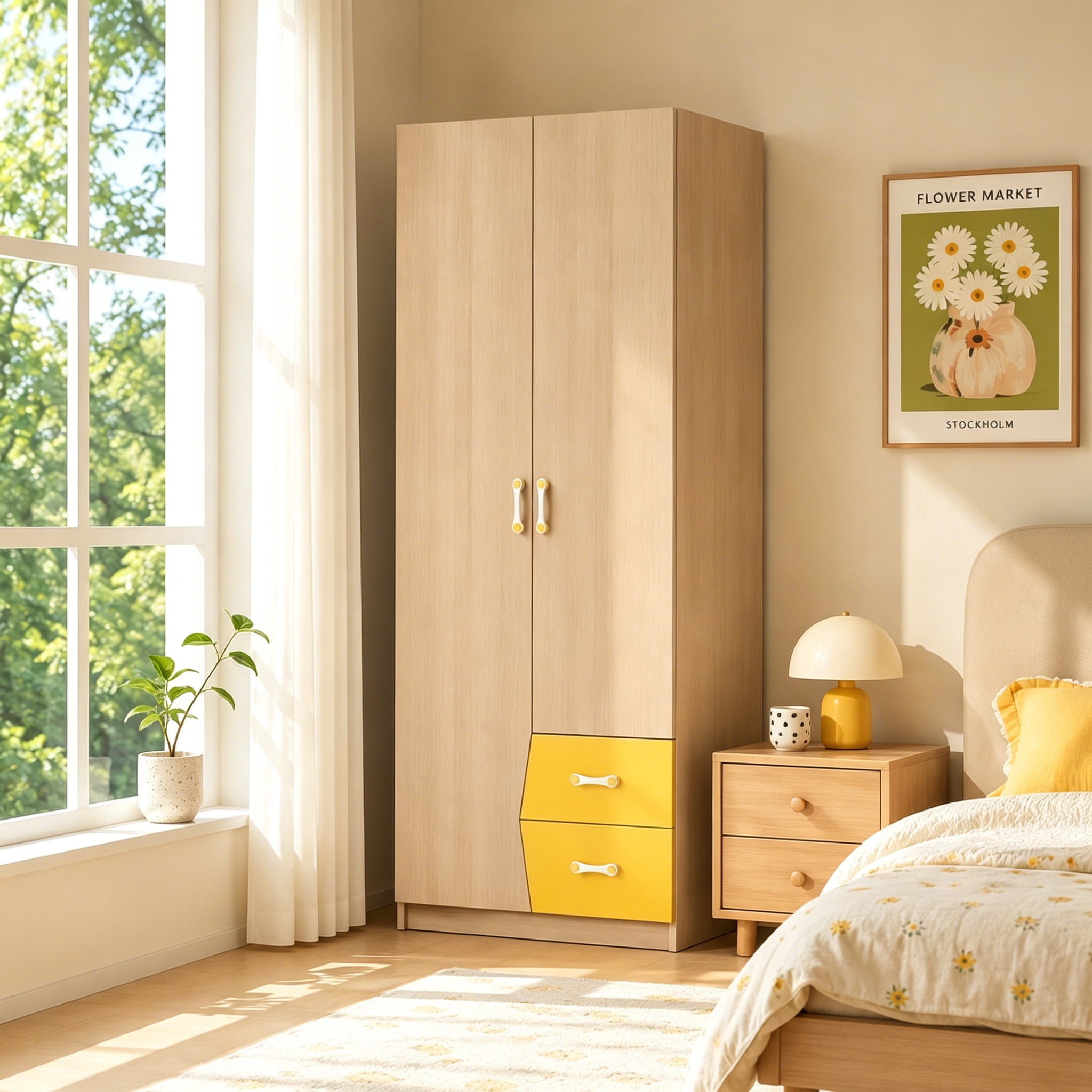 Kids Wardrobe with Double Doors and 2 Drawers, Children's Clothes Storage Cabinet with Hanging Space and Shelves, Wooden Closet Organizer for Bedroom, Nursery and Playroom