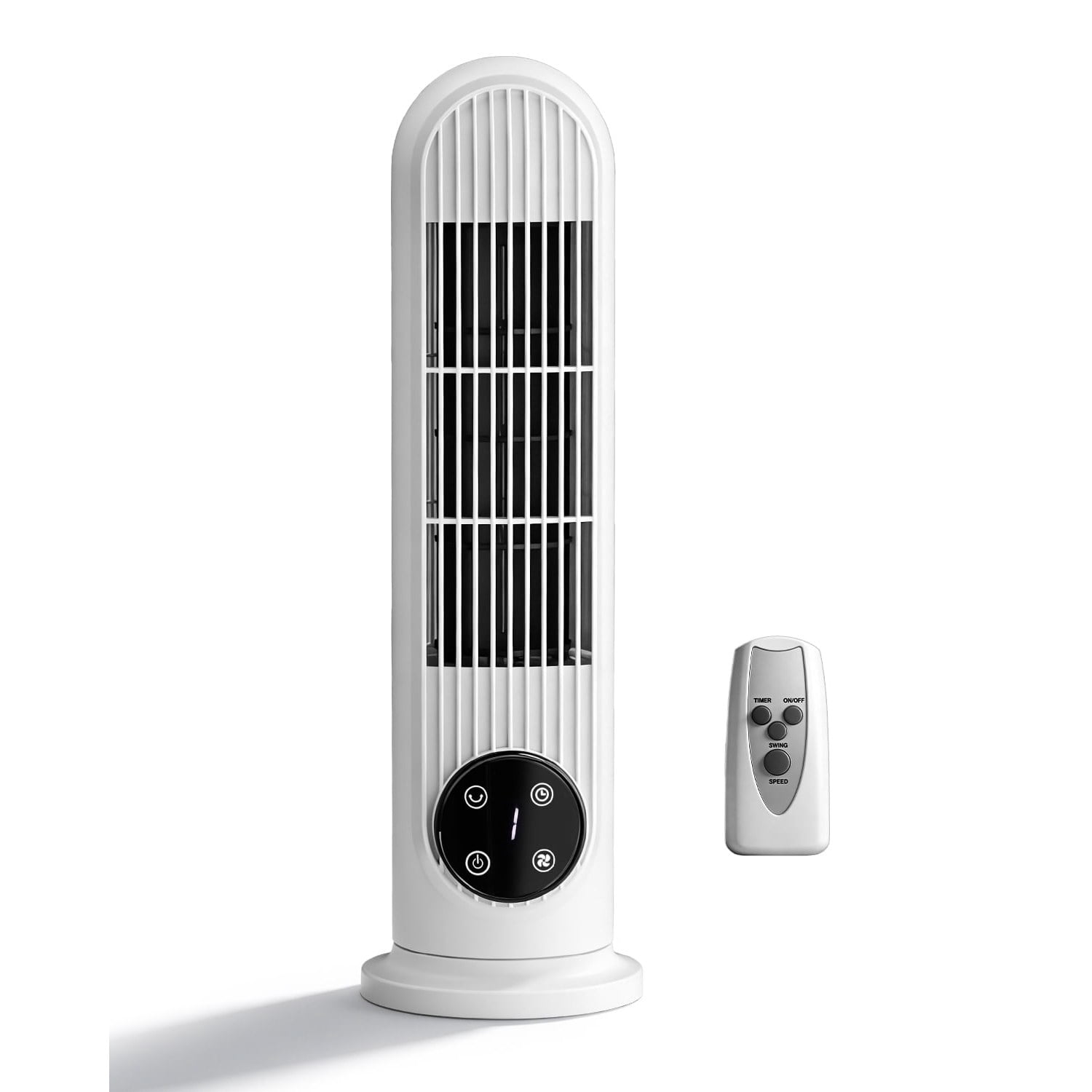 Tower Fan, 110V, 25W, 16 Inch Mini Column Tower Fan, Touch Control with Remote, Plastic Body, Copper Motor, White, 3 Speed, Oscillating, 9-Hour Timer, Floor & Wall Mount for Home Use