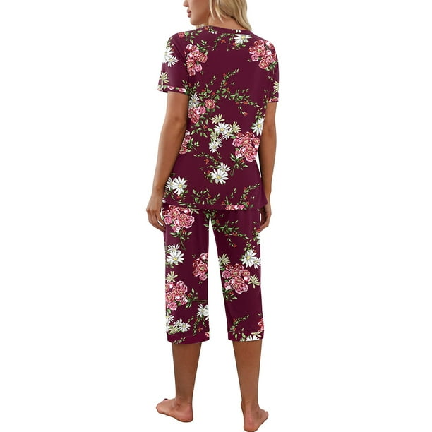 Sunloudy Women Pajama Set, Short Sleeve V Neck T-shirt and Capri Pants  Sleepwear Lounge Suit, S-XL 