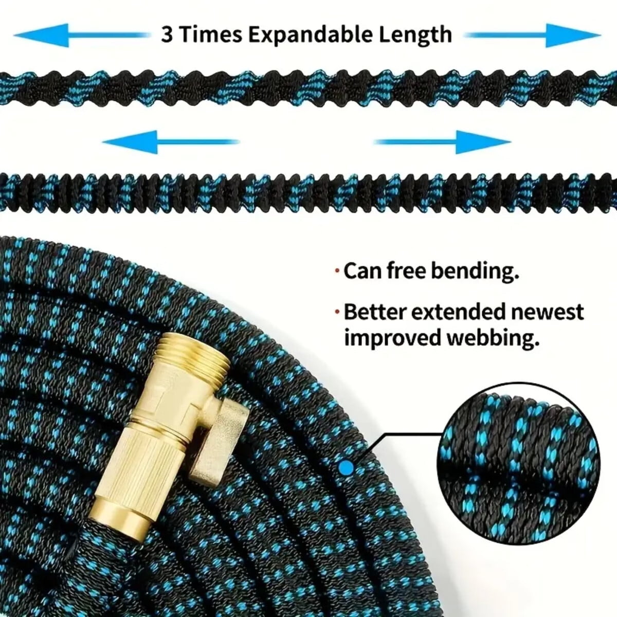 Expandable Garden Hose 50ft Flexible Water Hoses for Outside with 8-Pattern Spray Nozzle Upgraded No-Kink Expanding Garden Hose(Black/Blue)