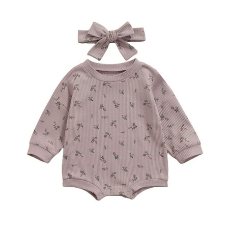 

Infant Long Sleeve Romper + Bow Headband Flower Round Neck Clothing